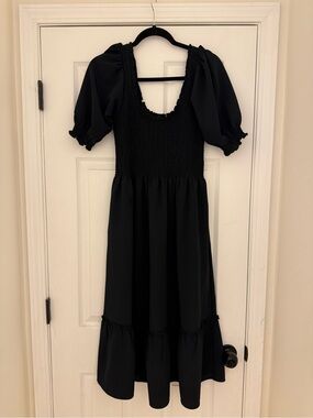 Hill House Black Louisa Puff-Sleeve Smocked Midi Dress